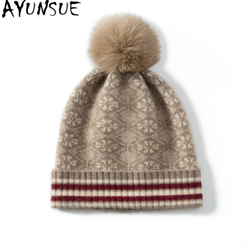 

AYUNSUE Natural Cashmere Hat for Women Winter New Outdoor Pompoms cap Knitted Striped Jacquard Beanies Hats Soft Keep Warm Cap