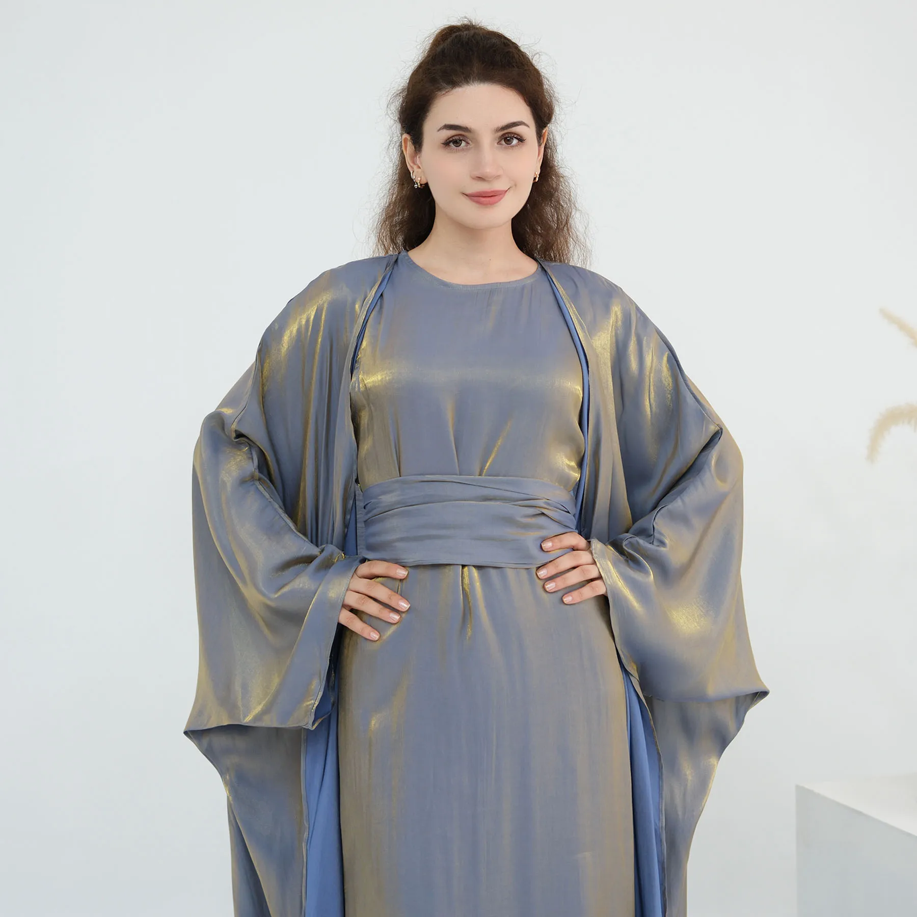 Summer Shiny Hijabi Abaya 2PC Set, Evening Party Muslim Women Suit, Sleeves Dress+Batwing Sleeves Abaya, Dubai Islamic Clothing