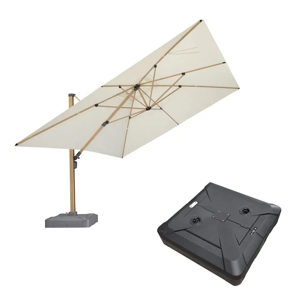 

12FT Patio Umbrella With Base Square Cantilever Umbrella Teak Finished Aluminum Frame Large Windproof Offset Outdoor Sun Umbrel