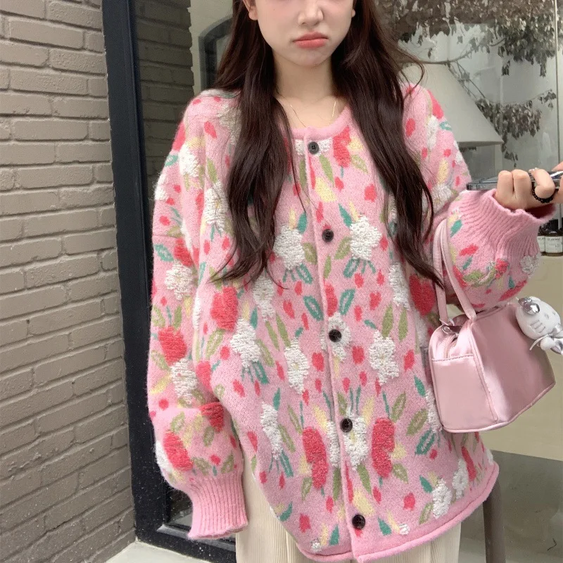 Women Jacquared Cardigan Contrast Floral Print Long Sleeve Loose Knitting Sweater Coat Female Spring Fall Thermal Tops Jackets