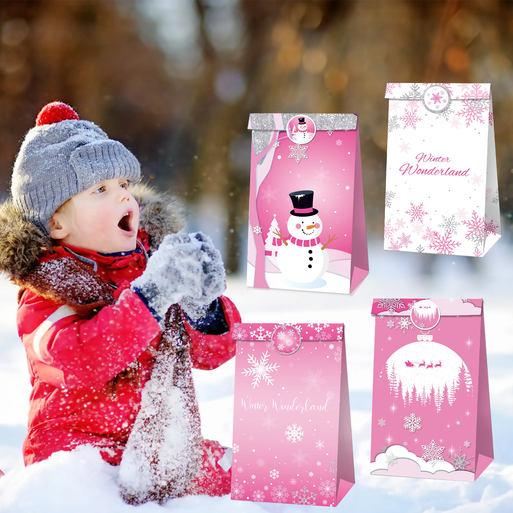 

LB202 12pcs Party Gift Bags with Sticker Winter Snowman Snowflake Merry Christmas Happy New Year Xmas Party Kraft Paper Decors