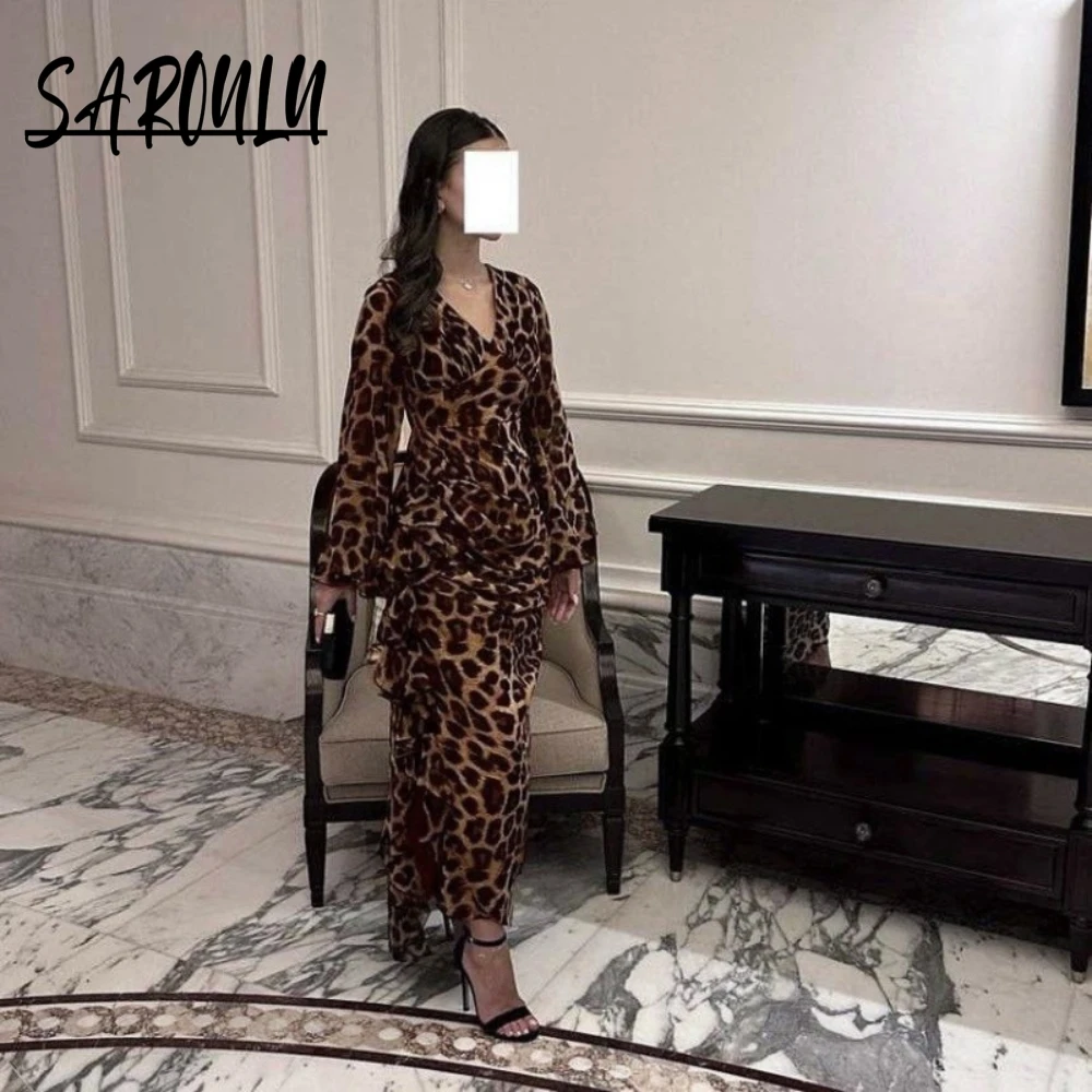 Vintage Leopard Print Maxi Casual V Neck Flared Long Sleeve Ruched Bodycon Prom Dress Sexy Evening Party Gown For Women