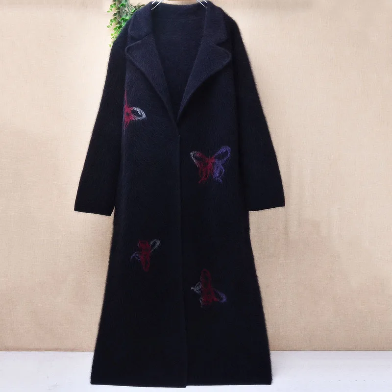 Women Mujer Autumn Winter Thick Warm Hairy Mink Cashmere Knitted Suit Collar Butterfly Loose Long Cardigans Sweater Coat Pull