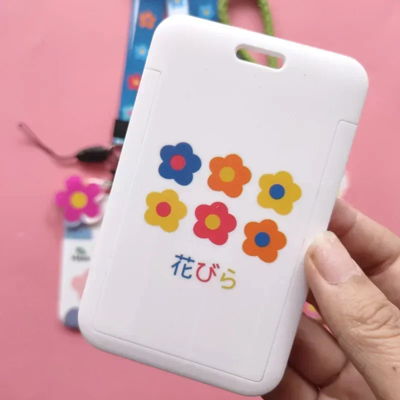 Women Girls Flower ID Credit Card Holder Identity Badge Cards Cover Wallet Girls Students Bus Card Case with Lanyard Cardholder