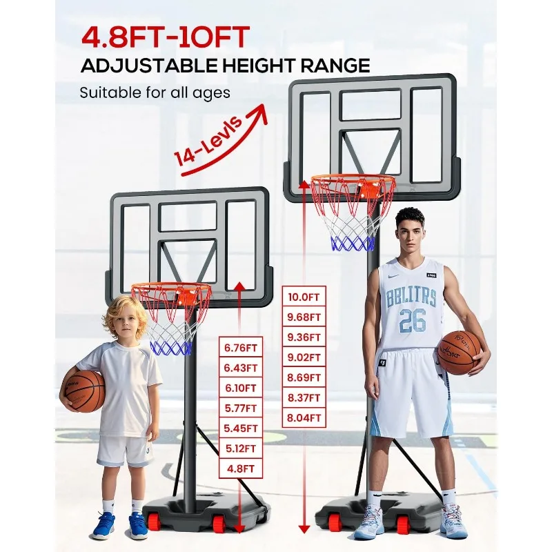 휴대용 야외 농구 골대 조절 가능 4.8-10피트: 농구 목표 시스템, 44인치 비산 방지 백보드 및 안정적인 베이스