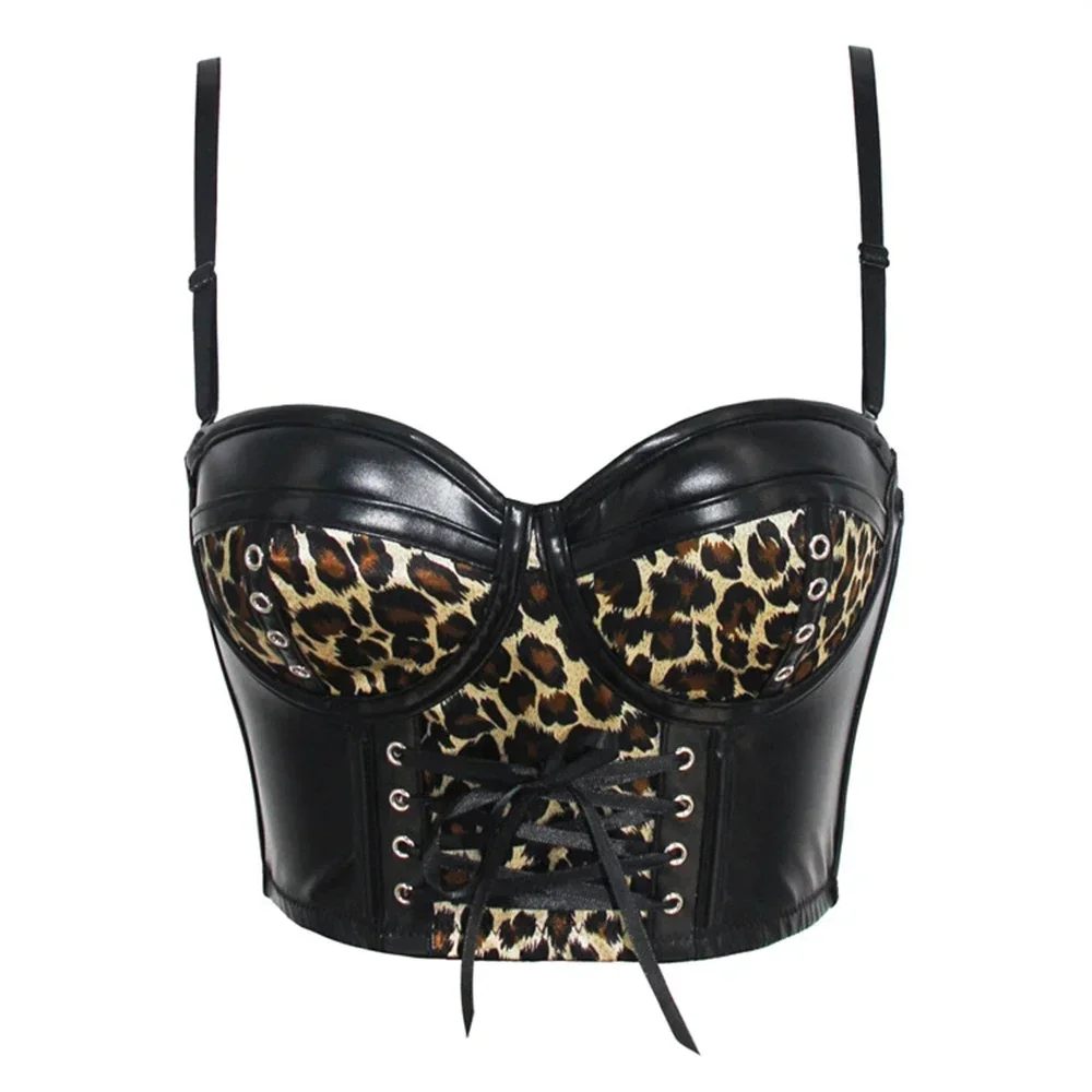 Women Faux Leather Push Up Overbust Corset Gothic Black Leopard Corselet Crop Top Bustier Bra with Straps Fashion Streetwear
