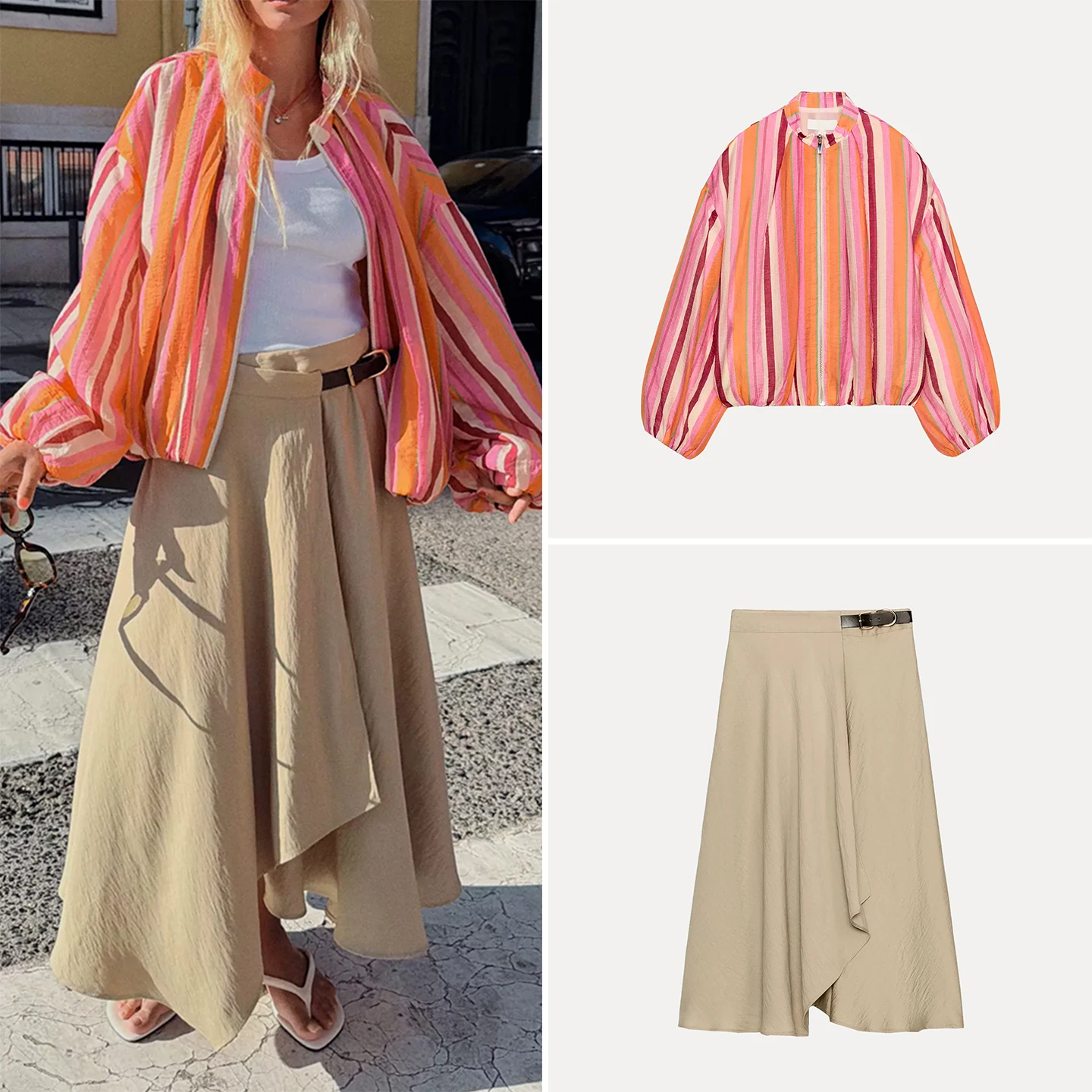 Women's Long Sleeve Pilot Jacket Stripe Pattern Stand Collar Double Breasted Zipper Closure Skirt Set Fashionable Outfit