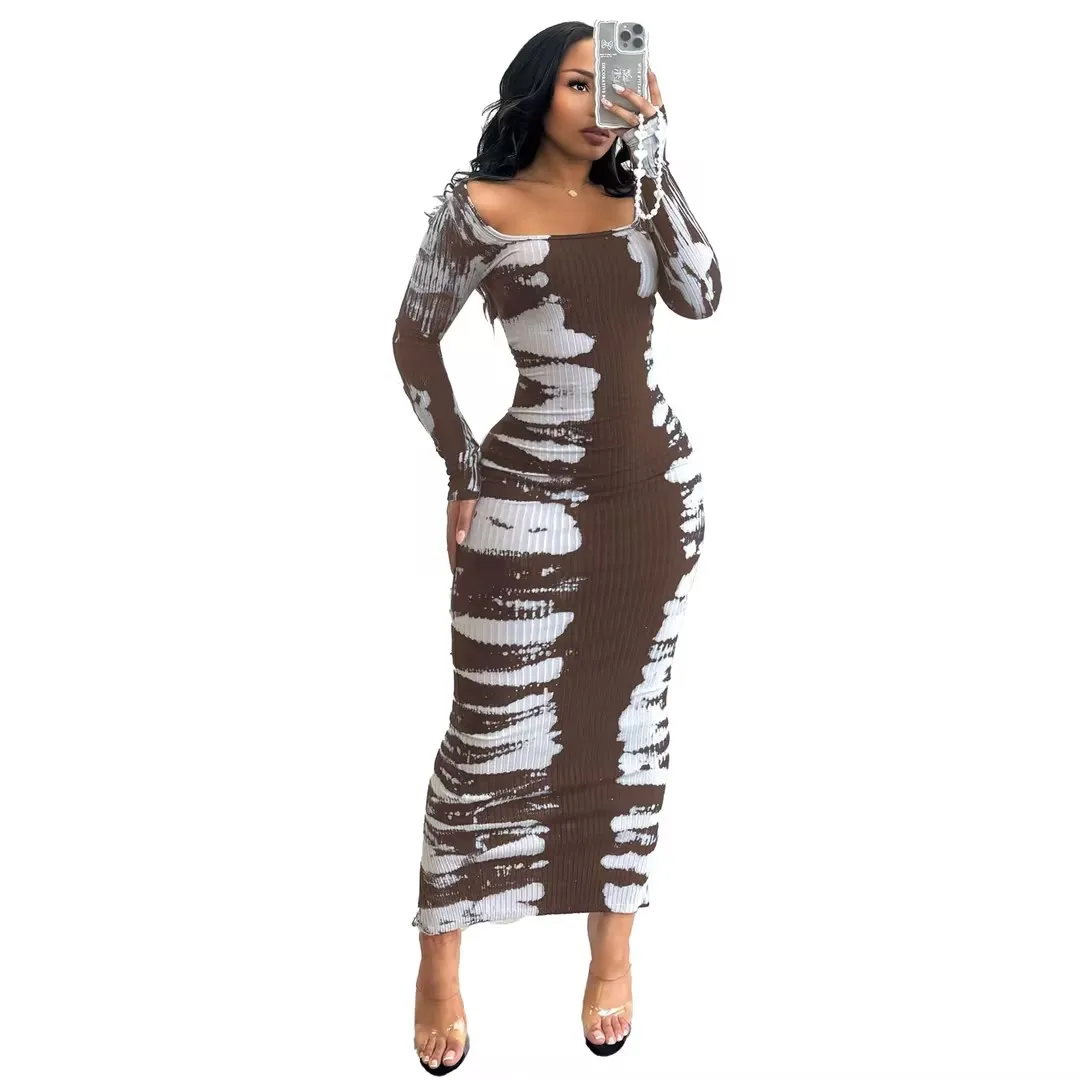 New 2024 Spring O-neck Women Long Sleeve Long Maxi Dress Elastic Print Sexy Party Night Club Birthday Bodycon Street Dresses