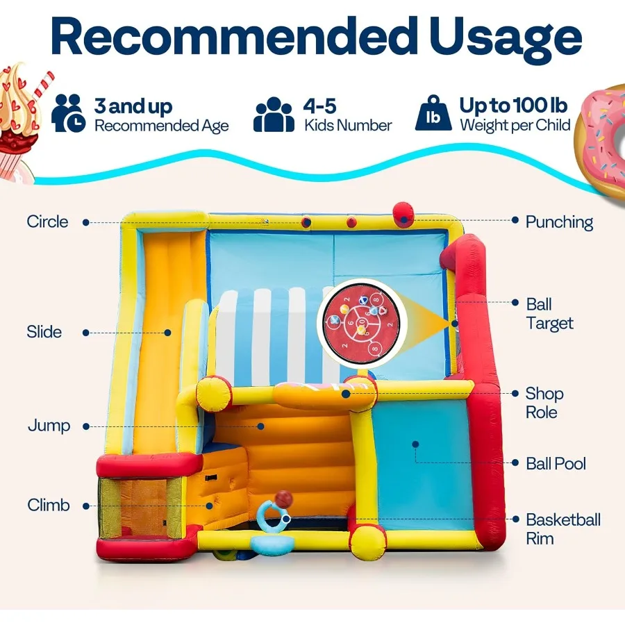 Casa de rebote 9 en 1 para niños, castillo inflable con tema de mercado con tobogán, bóveda inflable de 13x11 pies para exteriores con soplado
