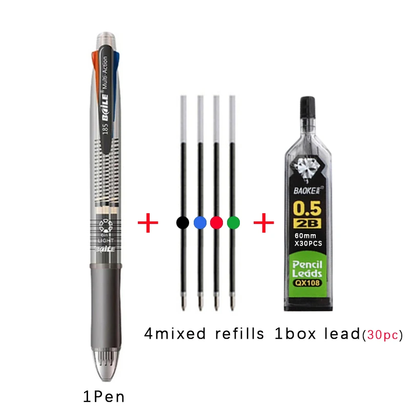 Kawaii 5 In 1 Multicolor Ballpoint Pens with Refills Pencil Leads Set 4 Color Ball Pens and Mechanical Pencil Multifunction Pen