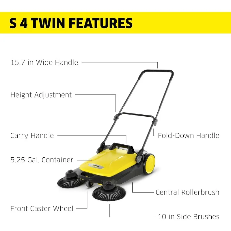 Kärcher - S 4 트윈 워크-비하인드 실외 핸드 푸시 스위퍼 - 26.8" 청소 폭 - 최대 26,000ft²/시간까지 청소, 노란색