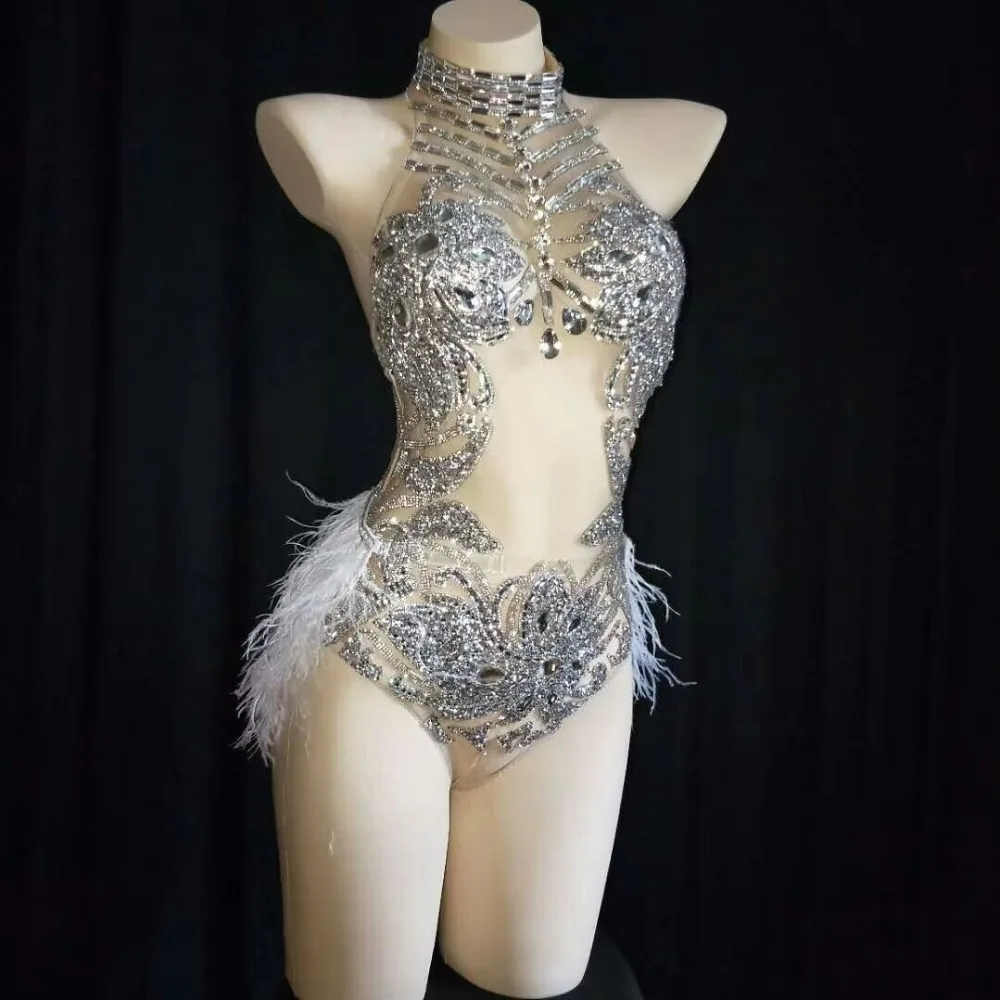 Sexy Silver Crystals Mesh Bodysuit Performance Costume Female Singer Backless Feather Stones Bodysuits Bar DJ Party Stage Wear