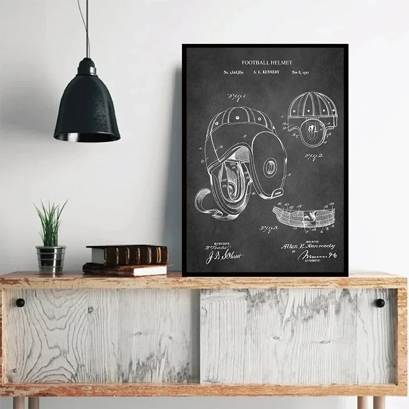 Patente de fútbol, diseño de red de portería de bota Vintage, impresiones de carteles para el hogar, campo de fútbol, balón de fútbol, decoración de pared del hogar