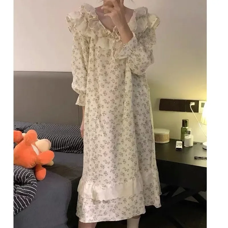 Floral Women Nightgown Korean Ruffles Sleepwear Long Sleeve Night Dress Autumn Lace One Piece Pajamas Home Sleeping Wears New In