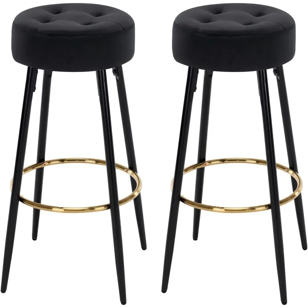 30 inches Modern Round Bar Stools Set of 2, Upholstered Dining Chair Stool with Gold Footrest Pub Shop Bar Height (Velvet-Black)