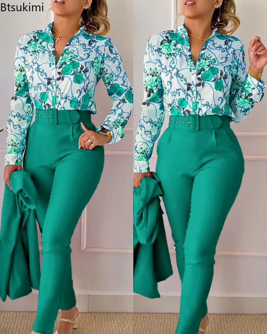 2024 Women Summer Floral Print Shirt & High Waist Pants Work Suit Sets Female V-Neck Long Sleeve Top 2 Pieces Suit Sets Elegant