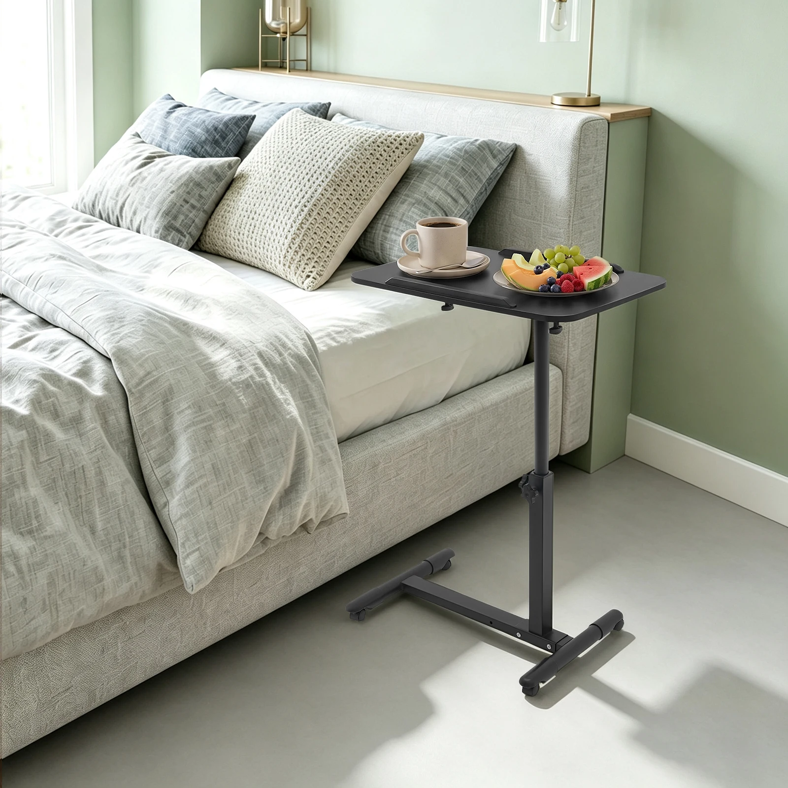 60x40cm Black Bedside Table, 44.09lbs, Adjustable Hospital & Home Use Bed Table, Rolling Laptop Table, MDF, for Homes, Hospitals, Offices, Reading, Working, Dining