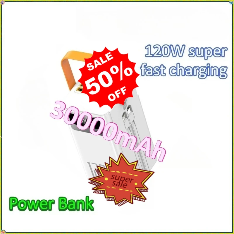 

Электростанция для быстрой зарядки, 120 Вт, внешний аварийный аккумулятор со съемными двойными проводами для телефона для кемпинга, 30000 мАч