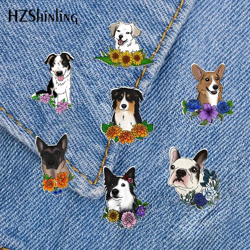 2023 New Collie with Flowers Acrylic Lapel Pin German Shepard Rottweiler Dog Epoxy Butterfly Clasp Pin Handmade Butterfly Brooch