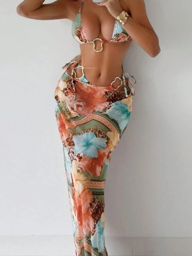 

Vintage Pink Floral Bikini Set Women Sexy Push Up Thong Swimsuit 2025 Beach Bathing Suit 3 Piece Swimwear Skirt Summer Fashion