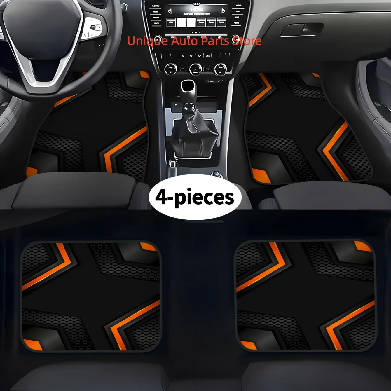 4pcs Set High-End Black Orange Geometric Print Car Floor Mats | Easy To Clean, Decorative And Protective Additions For Driving P