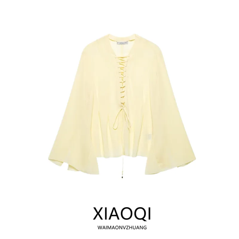 

Women's Summer New Loose Long Sve irt Chiffon Decorative Belted Top Faion Versatile Sle Regular Length 00% Other Ma...