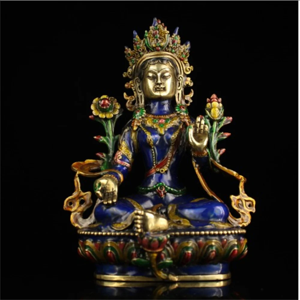 decoration brass factory Pure Brass Antique 8.66 inch Exquisite Chinese hand-carved cloisonne buddhist Buddha green tara statue