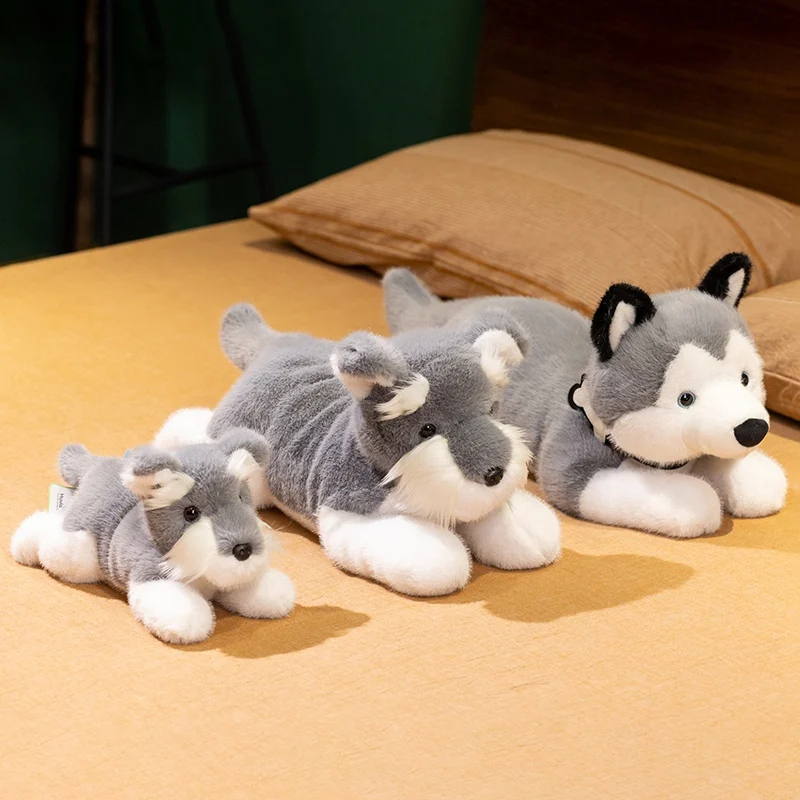 Simulation RealLife Lying Schnauzer Plush Toys Soft Stuffed Fluffy Animals Cute Puppy Husky Dolls for Kids Birthday Gifts Decor