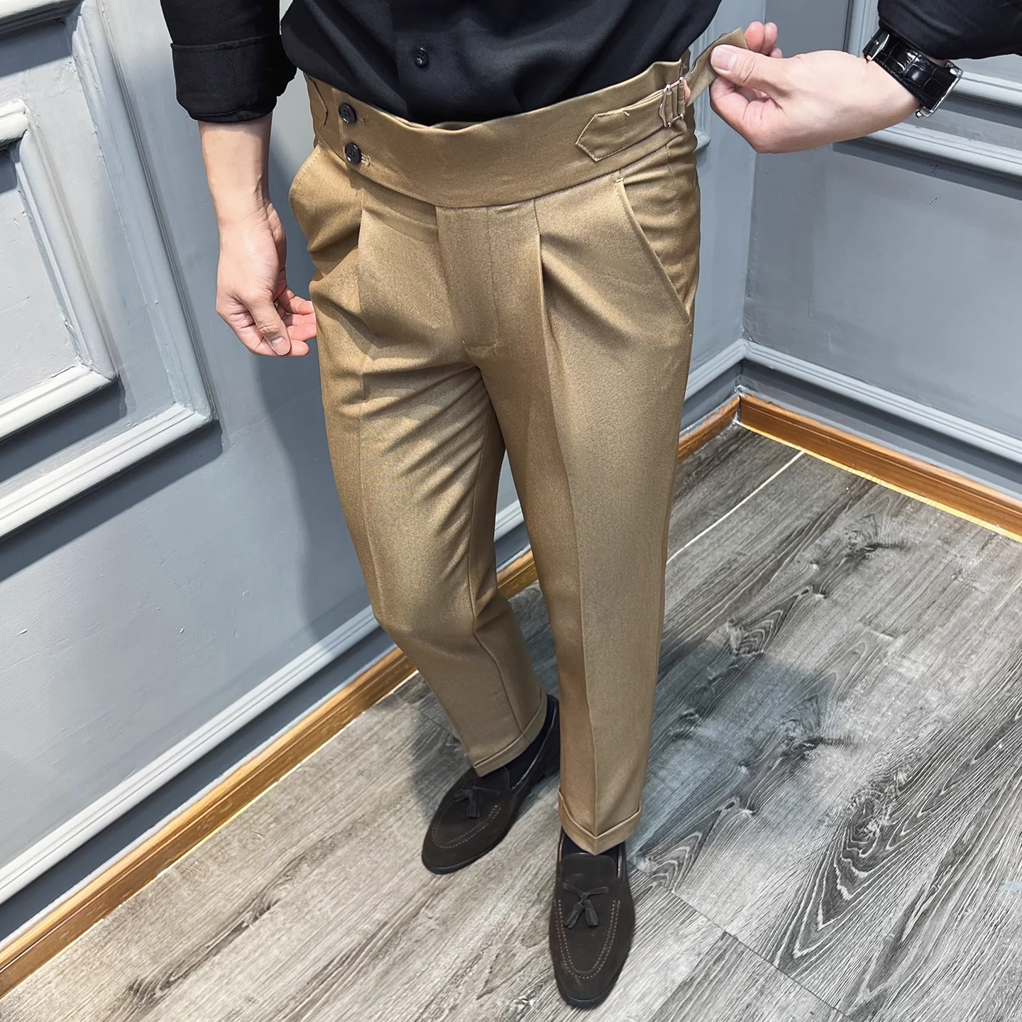 Celana Panjang Pria Model Italia Naples High Waisted Straight Berkualitas Tinggi Warna Solid untuk Bisnis Kasual Formal Kantor dan Acara Sosial