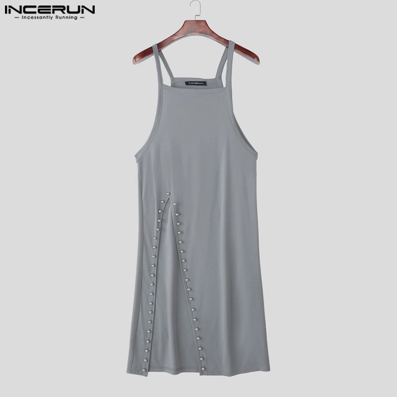 INCERUN Männer Lange Stil Tank Tops Patchwork Ärmel Split Männliche Westen Streetwear Sommer 2025, Mode Unisex Tops Männer Kleidung