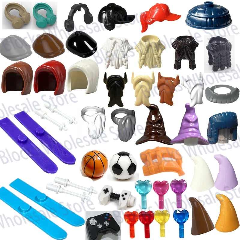 MOC City Figure Accessories Building Blocks Hair Beard Wizard Pirate Hat Headset Beret Multicolor Compatible DIY Bricks Toys W11