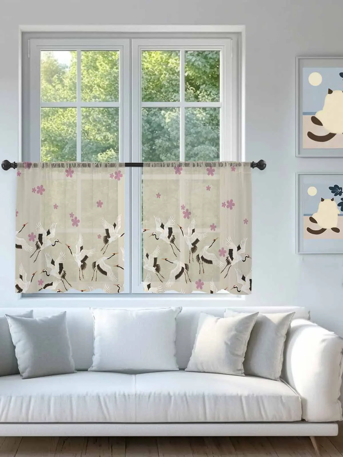 

Japanese Harmony Flower Crane Sheer Voile Curtains for Living Room Window Treatment for Bedroom Kitchen Drapes