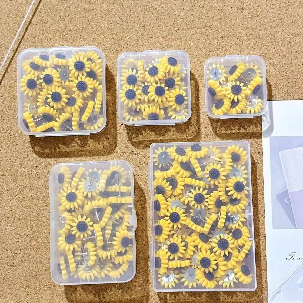 Chinchetas creativas de girasol para decoración del hogar, tablero reutilizable artesanal, Pin de empuje bonito con caja, papelería, 10/20/30/40/50 Uds.