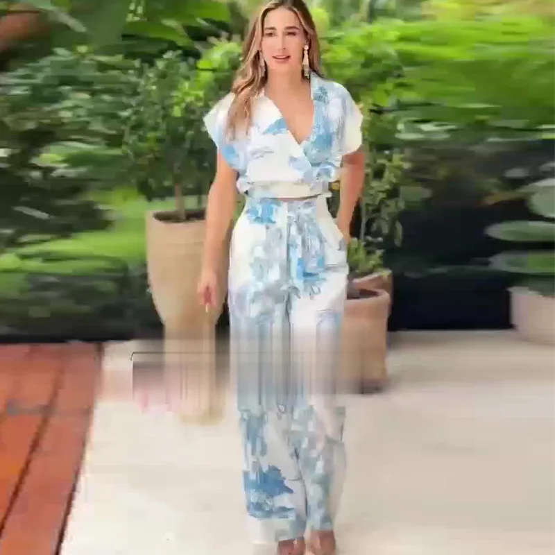 

Длинные брюки с принтом, комплекты из двух предметов, женские элегантные брюки с высокой талией, прямые топы с v-образным вырезом и короткими рукавами, элегантные женские летние 2025