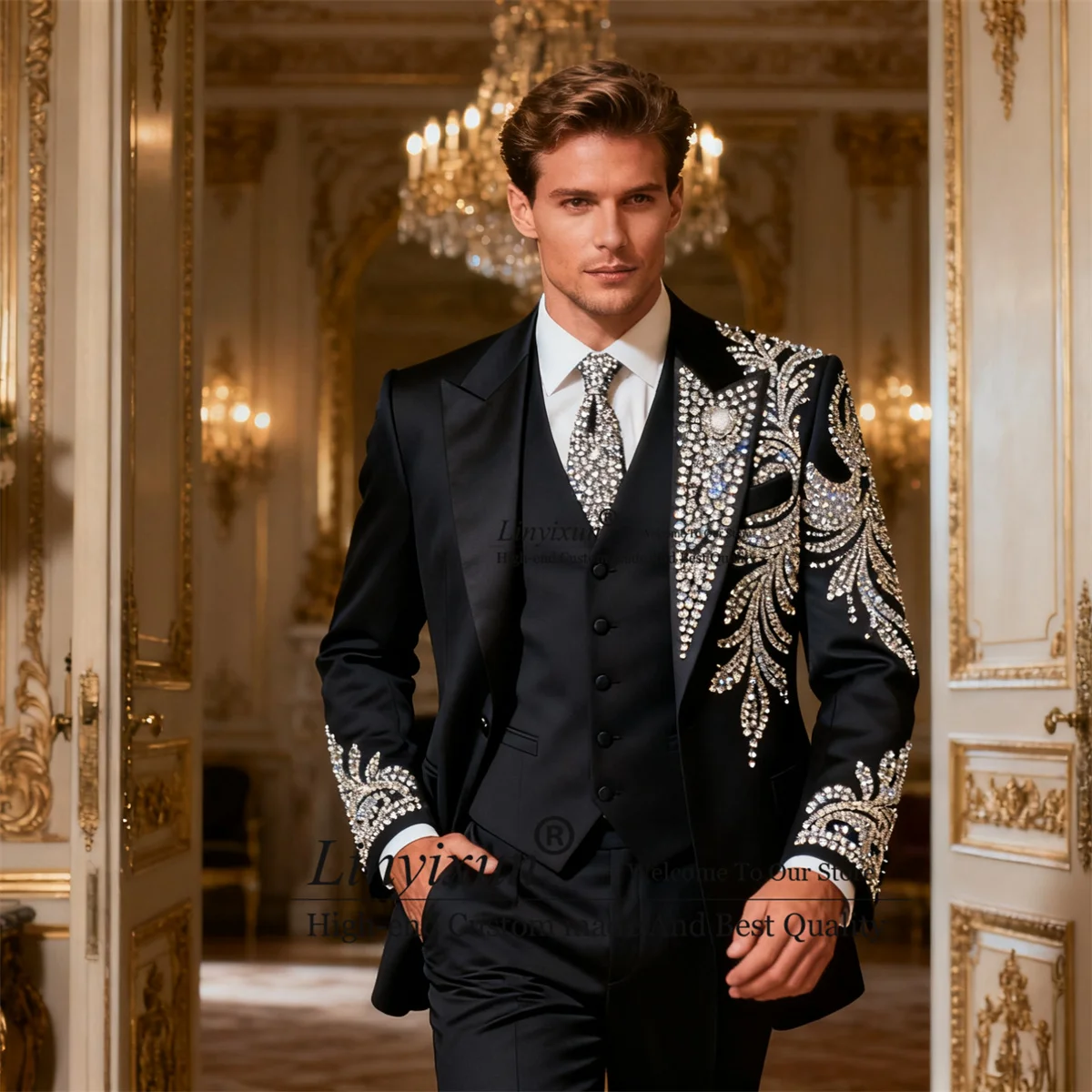 

Fashion Design Men Suits 3 Piece Groom Male Blazers Luxury Crystal Diamond Customized Wedding Party Slim Fit Tuxedos Ropa hombre