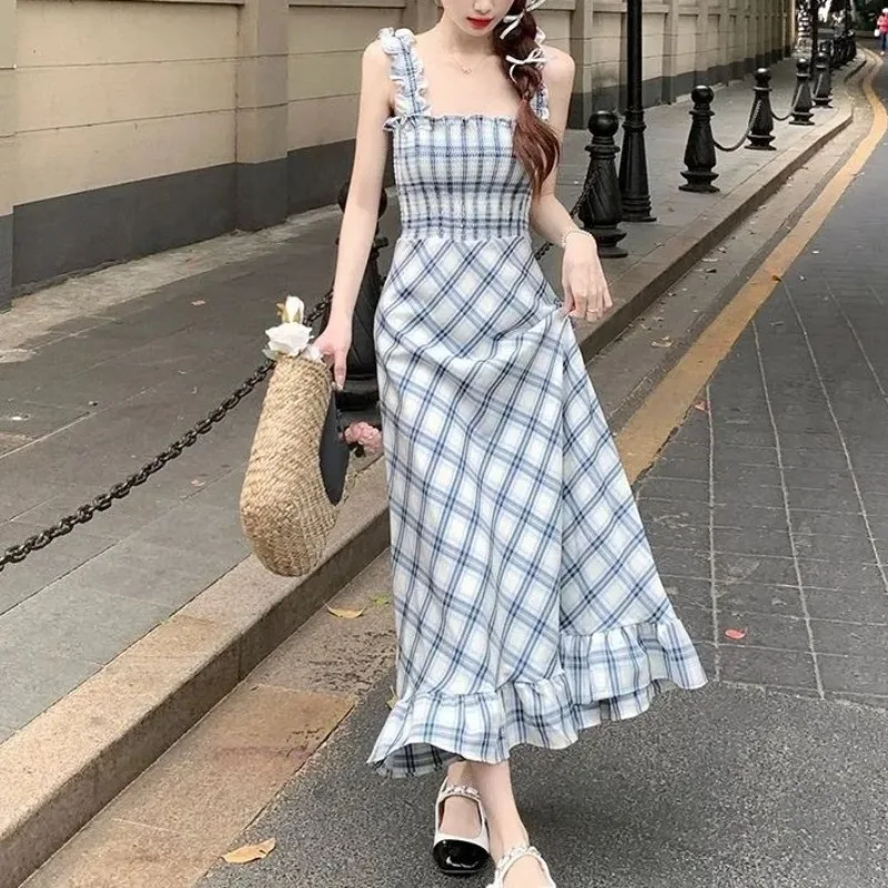 

Women's 2024 Summer New Slash Neck Patchwork Printing Plaid Fashion Slim Fitting Casual Versatile Sleeveless Camisole Dresses