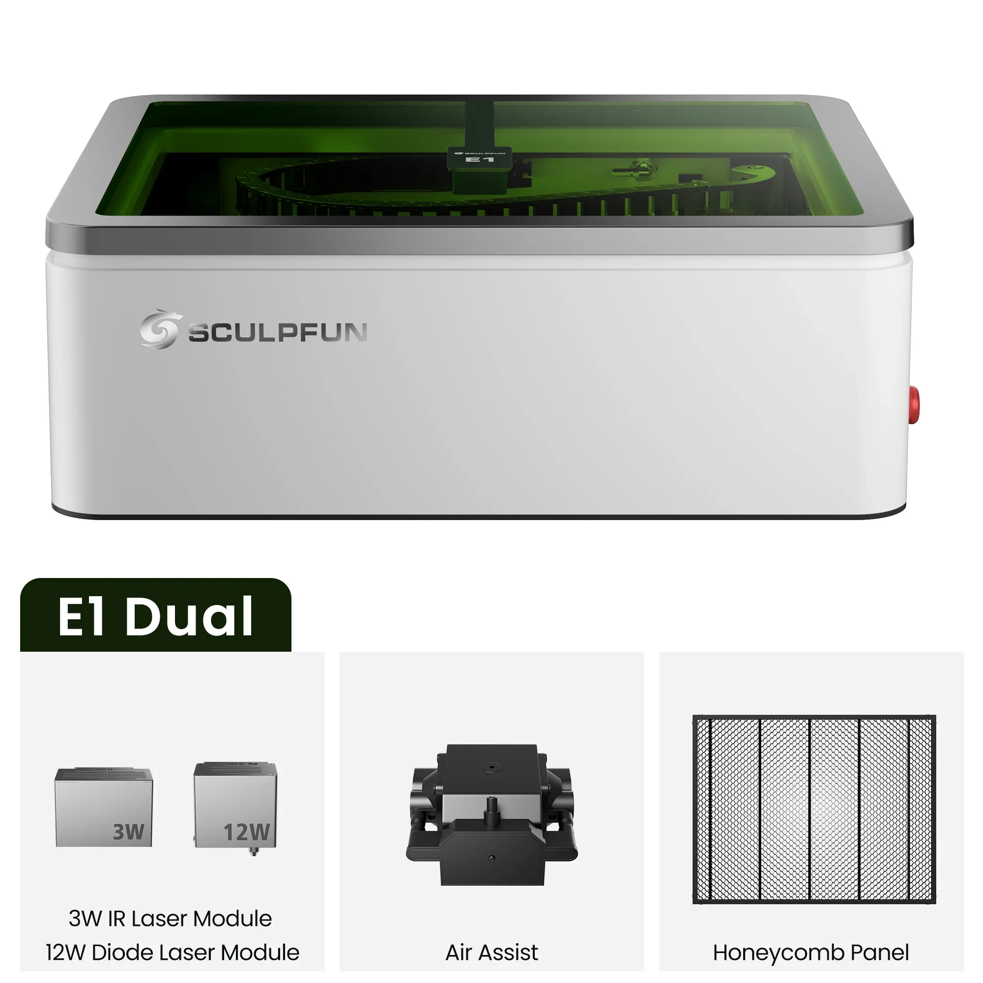 SCULPFUN E1 Dual Laser Diode Laser Engraver Machine High Precision Cutter Engraver for Wood Acrylic Metal Jewelry Crafts 12/21W