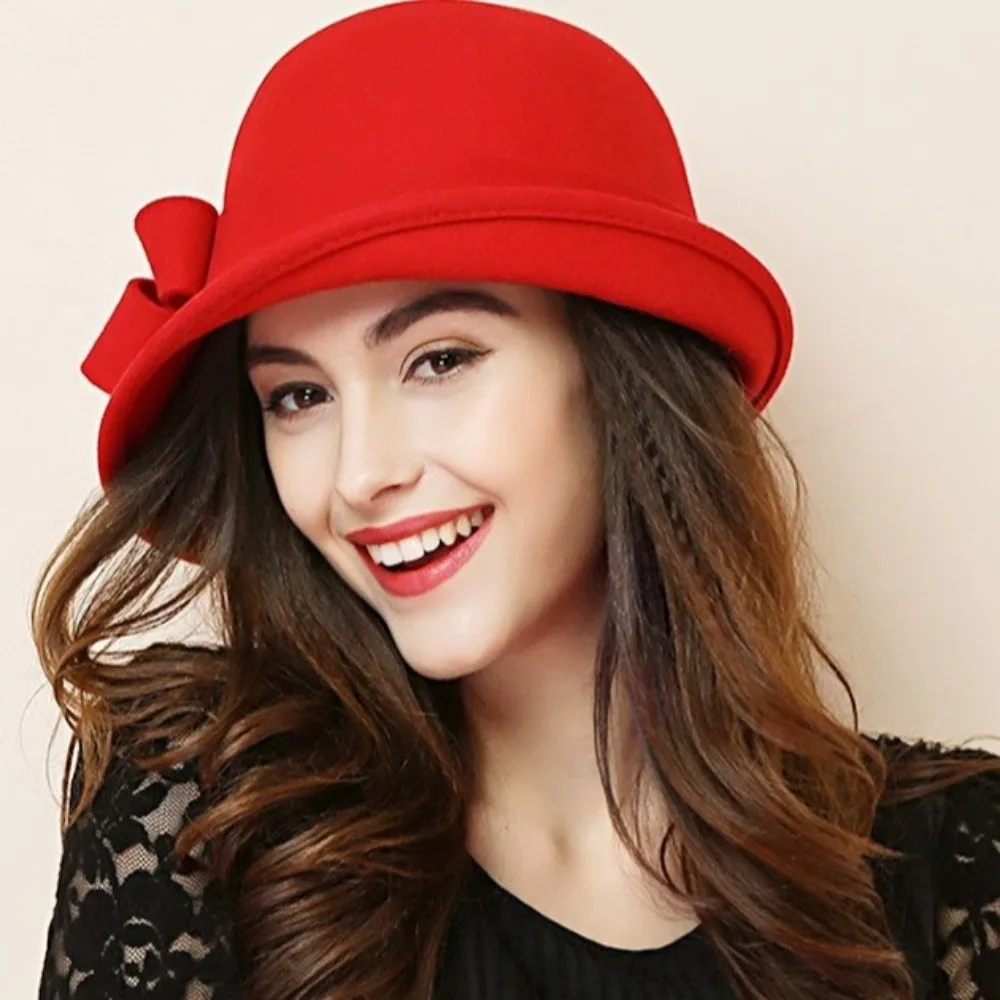 

Exquisite Felt Wool Bucket Hat French Style Flat-top Mourning Cap Bow Hepburn Style Panama Hat Funeral