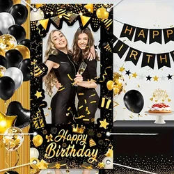 Black Gold Happy Birthday Backdrop Birthday Decorations Photo Booth Props for Men Women