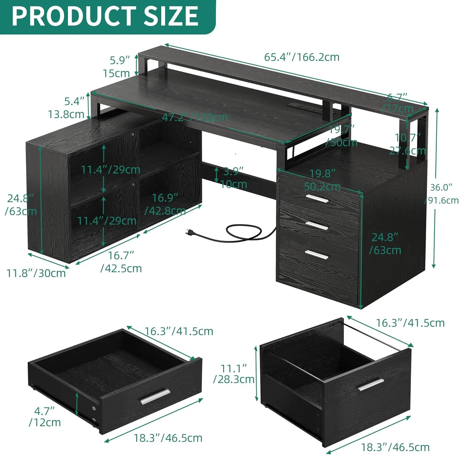 L Shaped Desk with 3 Drawers 65