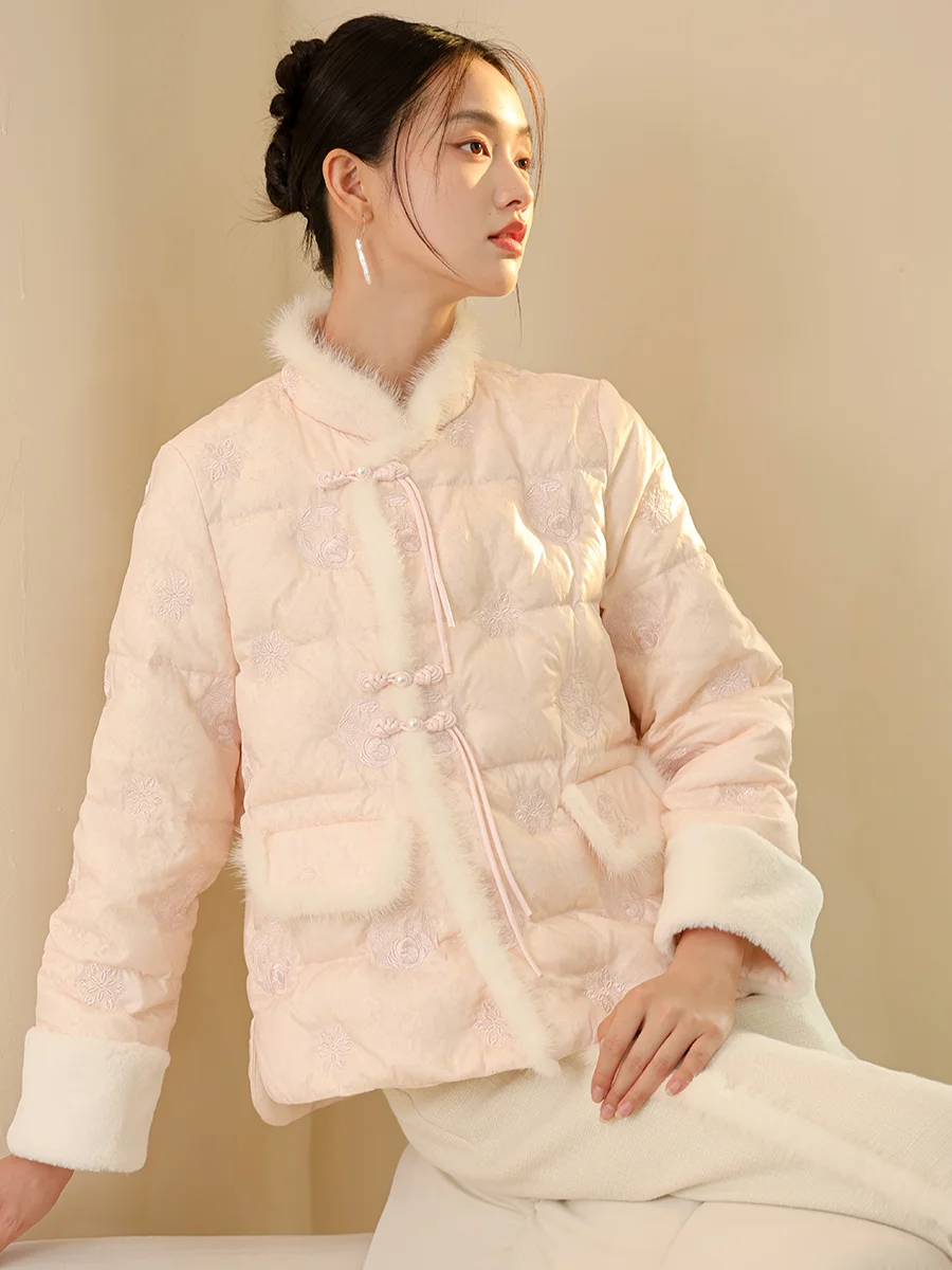 

New Chinese Style Women's down Jacket Autumn Winter New Fashion Embroidery Stand Collar Warm Outerwear Pink White Duck down