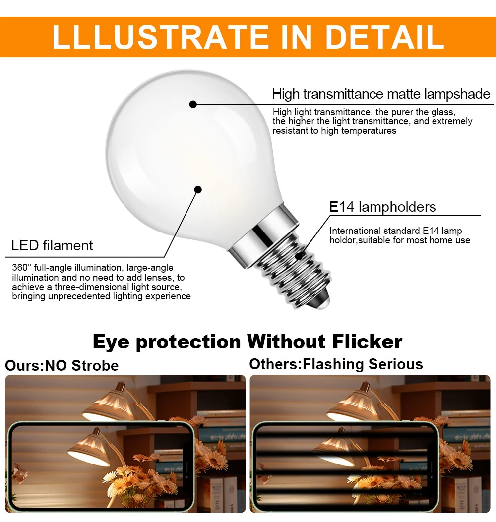 G45 Frosted Globe LED Filament Bulbs E14 5W – 6 Pack