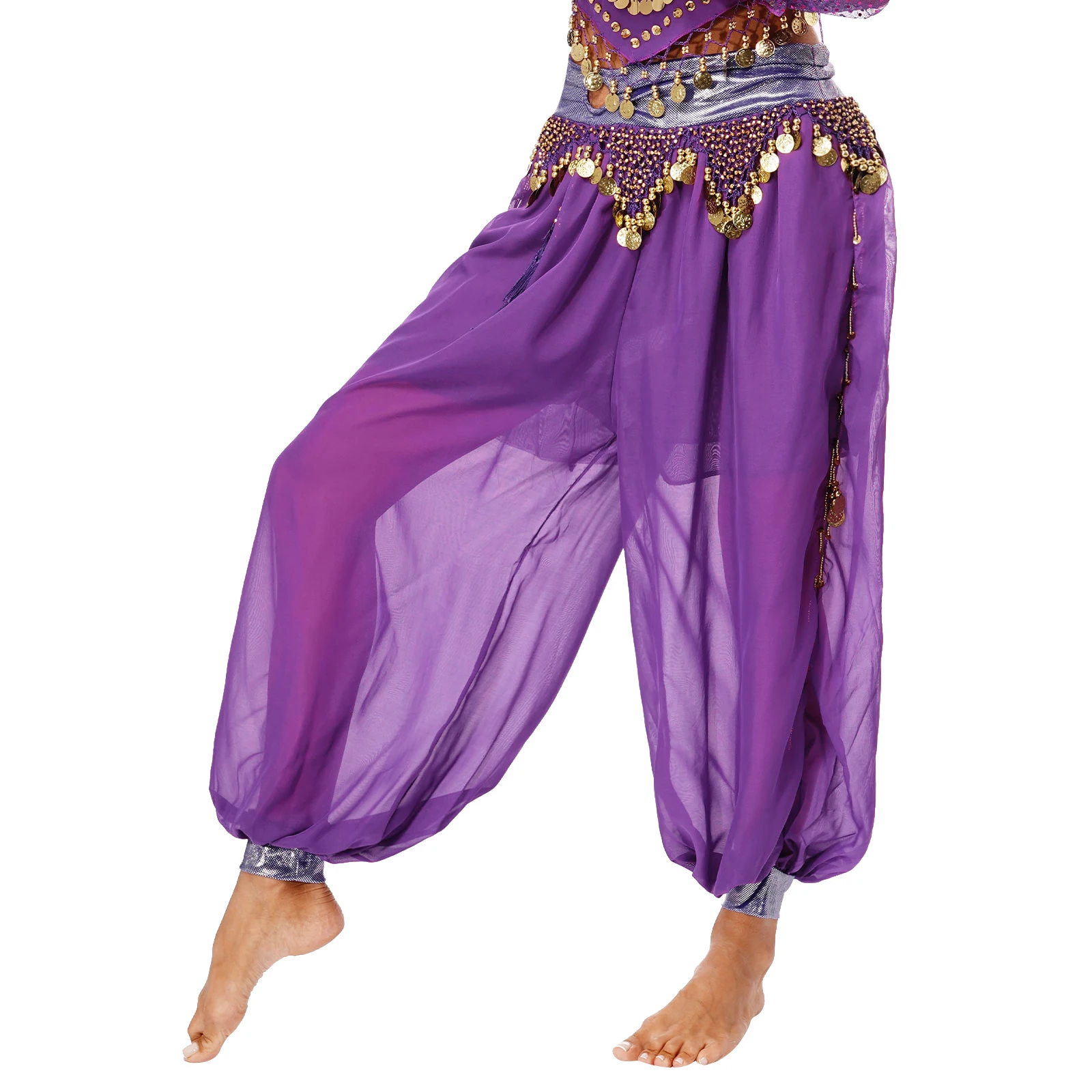 Women Chiffon Belly Dance Harem Pants Arabic Sequins Side Split Pants Fancy Dress Beads Tassels Bloomers Trousers for Bellydance