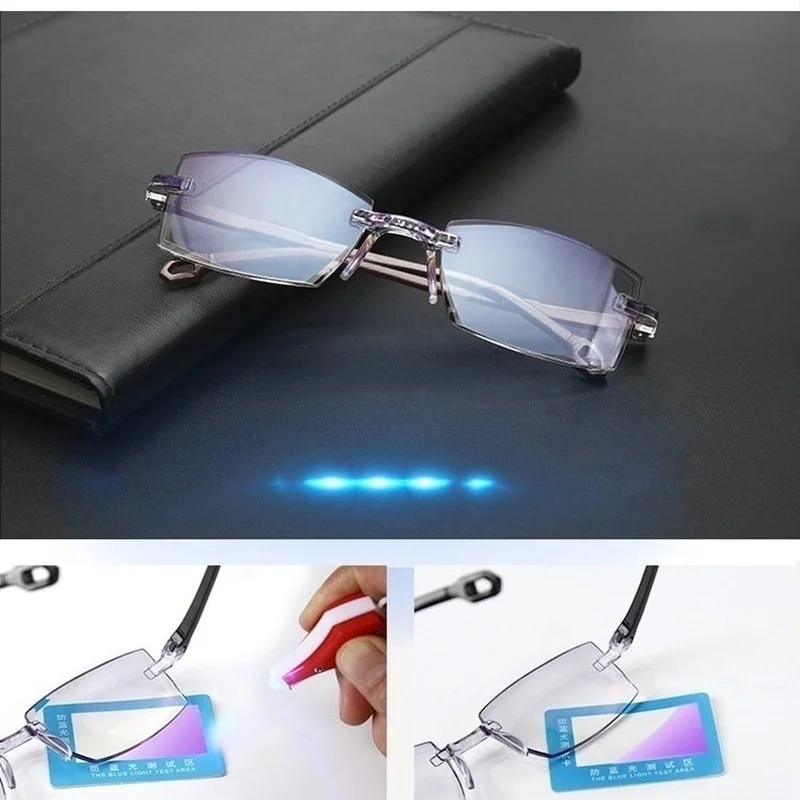 Men Reading Glasses Women Anti Blue Light Blocking Glasses Men Square Frameless Presbyopic Glasses Diopters +1.0 1.5 2 2.5 4.0