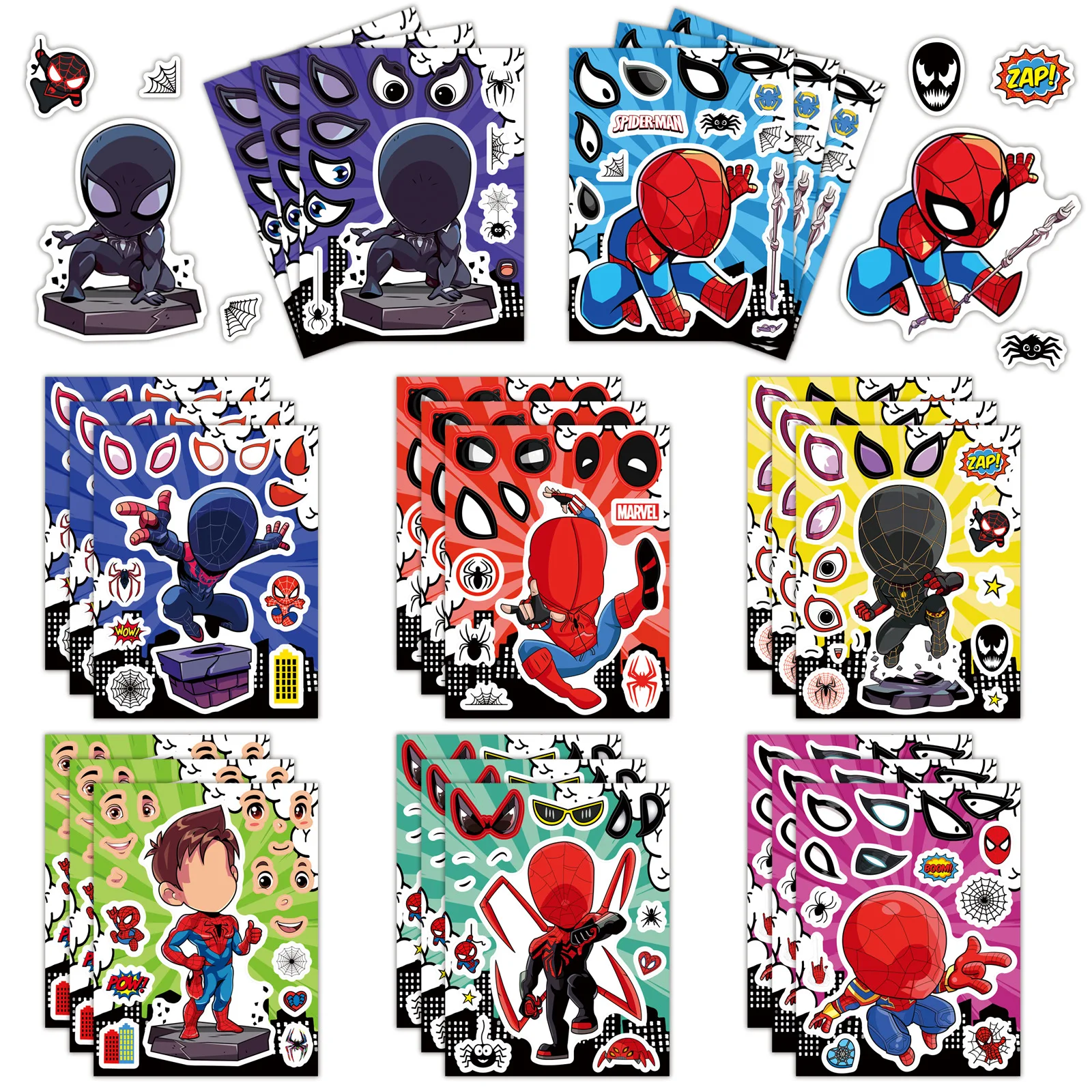 

8/16Sheets New Cartoon Spider-Man Makes a Face Puzzle Sticker DIY Phone Laptop Luggage Skateboard Graffiti Decals Fun for Gift