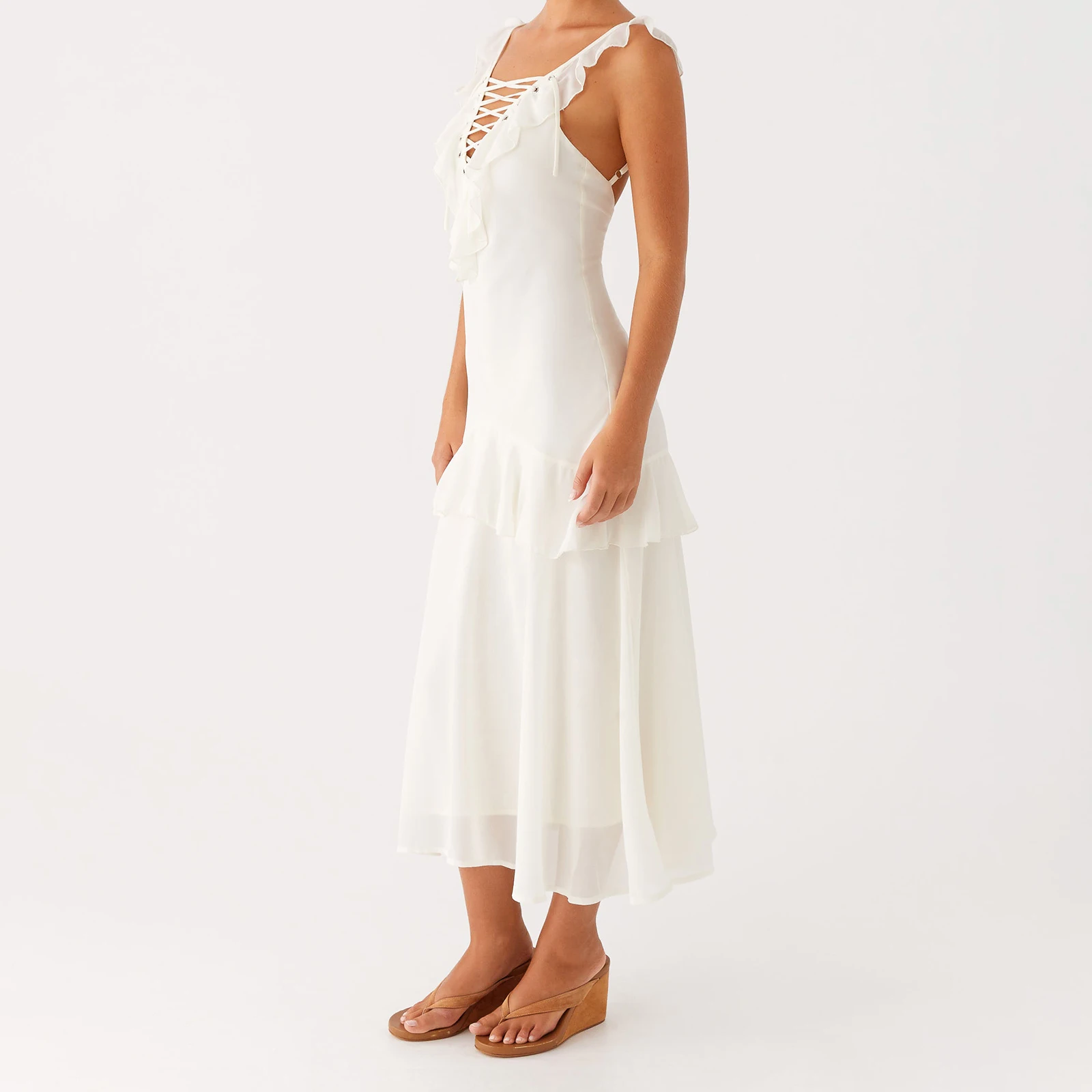 Abito sottoveste da donna senza maniche con scollo a V senza schienale increspato abito lungo estivo per vacanze al mare festa estiva abbigliamento quotidiano streetwear