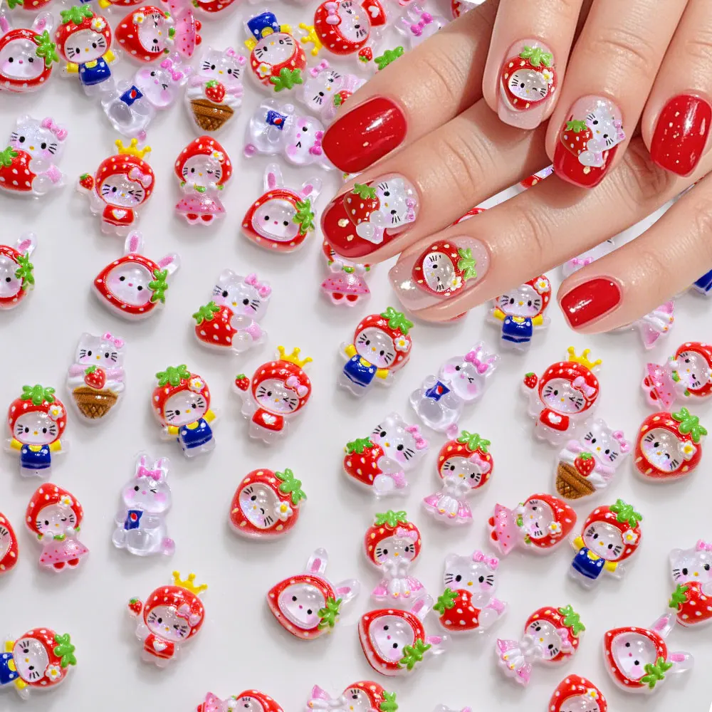 50 قطعة مختلطة Kawaii الأحمر الفراولة مرحبا كيتي مسمار الفن السحر الراتنج الفاكهة كيتي القط الراين الكرتون مانيكير الديكور