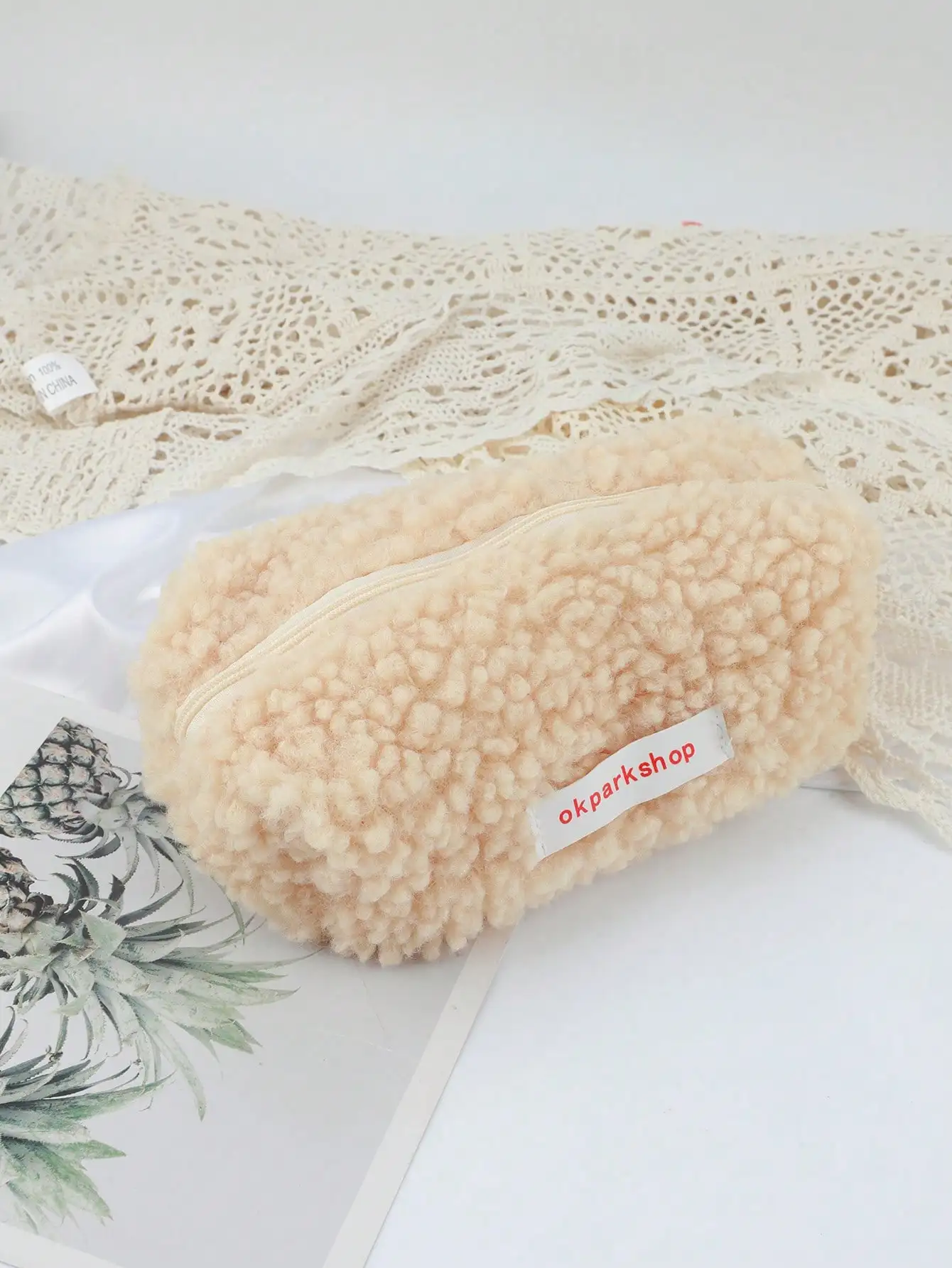 1 Pcs Cute Lamb Wool Pencil Case Plush Cosmetic Makeup Bag Large Capacity Zipper Stationery Storage Pouch Student Pen Organizer