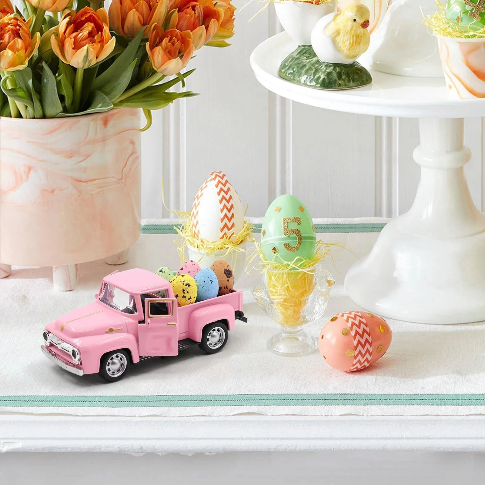 1 Pc Car Model Mini Pink Easter Happy Decoration Truck Can Be Loaded With Resin Truck Decoration Without Eggs