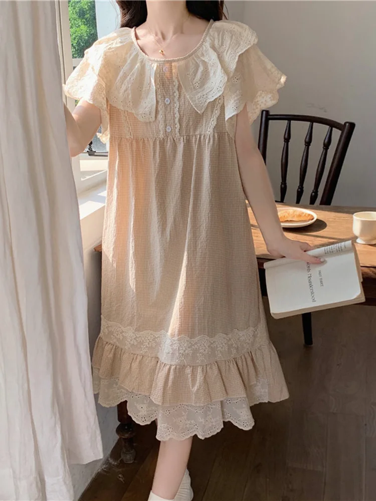 Lace Plaid Princess Flying Fleeves Sweet Spring Summer NightDress Women Korean Simple Kawaii Comfortable Casual Loose Sleepwear